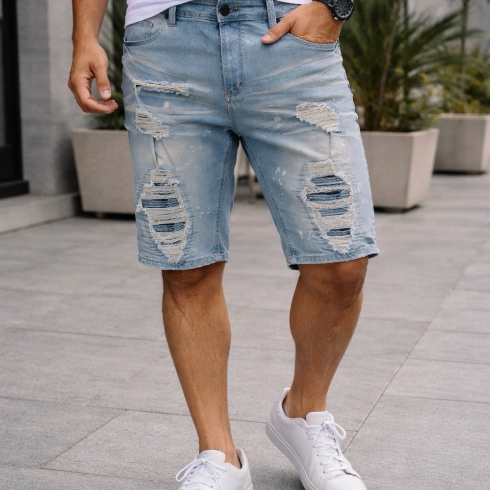 Men's Light Blue Distressed Makobi Shorts